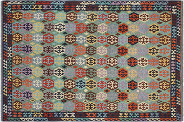 Flat Weave Kilim, Antique, Navaho, Vintage, Handmade, Geometric Kilim Green Blue Hand-Woven Rectangle 100% Wool Area Rug 9 x 11